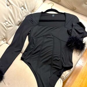 Black Long Sleeve Bodysuit with Feather Cuffs